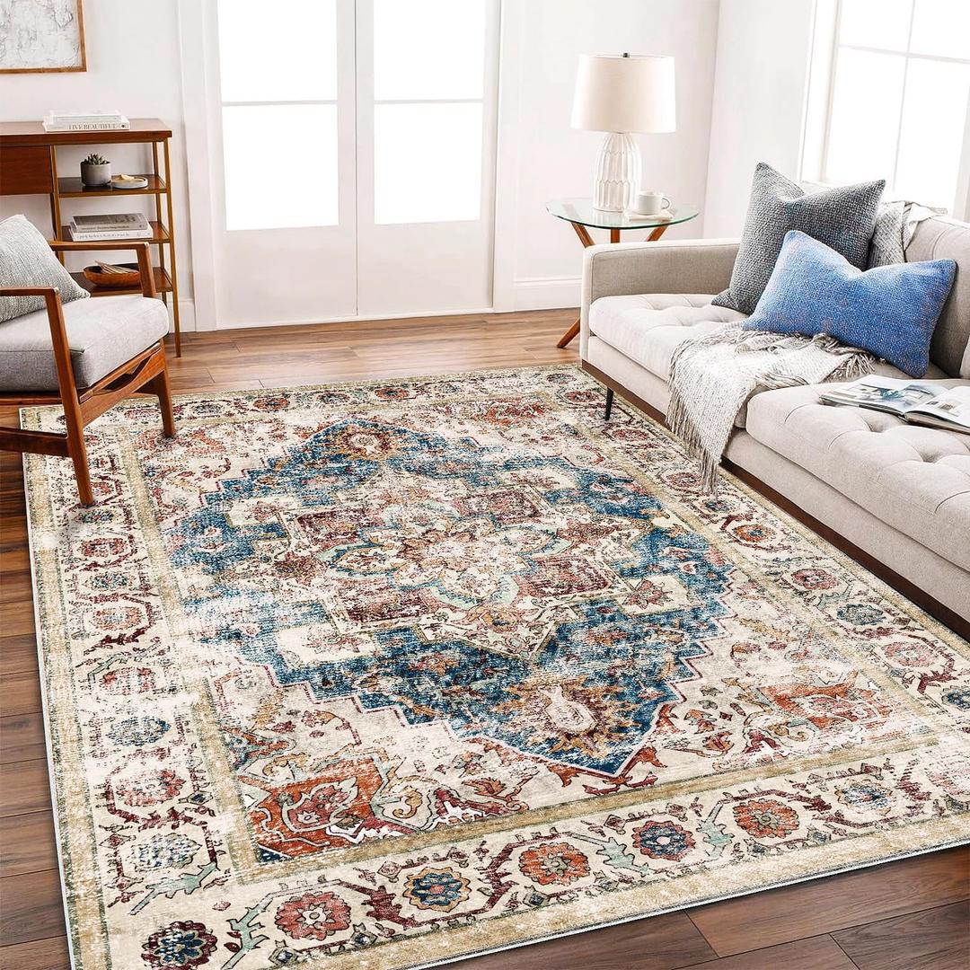 Beige Blue Washable Area Rug 8'x10' Boho Chic Medallion Distressed Design Non-Shedding Easy Care Ideal for High Traffic Areas in Living Room Bedroom Office Coffee Table Large Carpet (8' x 10' (Rectangular), Beige and Blue)