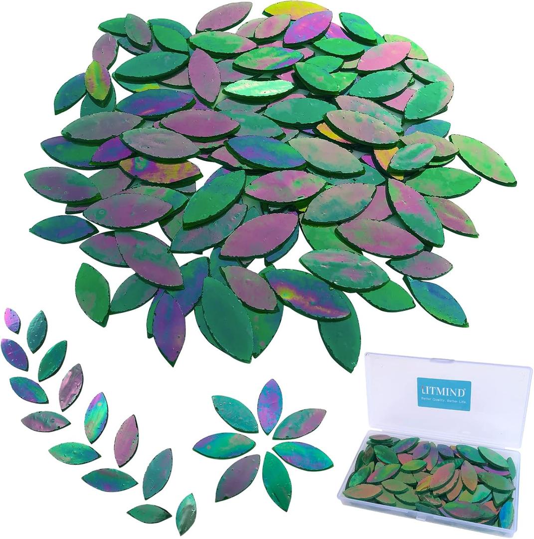 LITMIND 120PCS Iridescent Green Leaf Mosaic Tiles  Precut Stained Glass Petals in 2 Sizes, Rainbow Craft Kit for DIY Art Projects