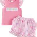 Toddler Baby Girl Easter Outfit Embroidery Flutter Sleeve T Shirt Plaid Ruffle Shorts 2 Piece Spring Set 12M-5T (Pink)