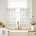 Cafe Curtains for Kitchen,Pinch Pleated Small Window Curtains Over Sink,Farmhouse Linen Sheer Blue and Green Floral Vintage Block Print 24 Inch Length Half Curtains Sets for Windows