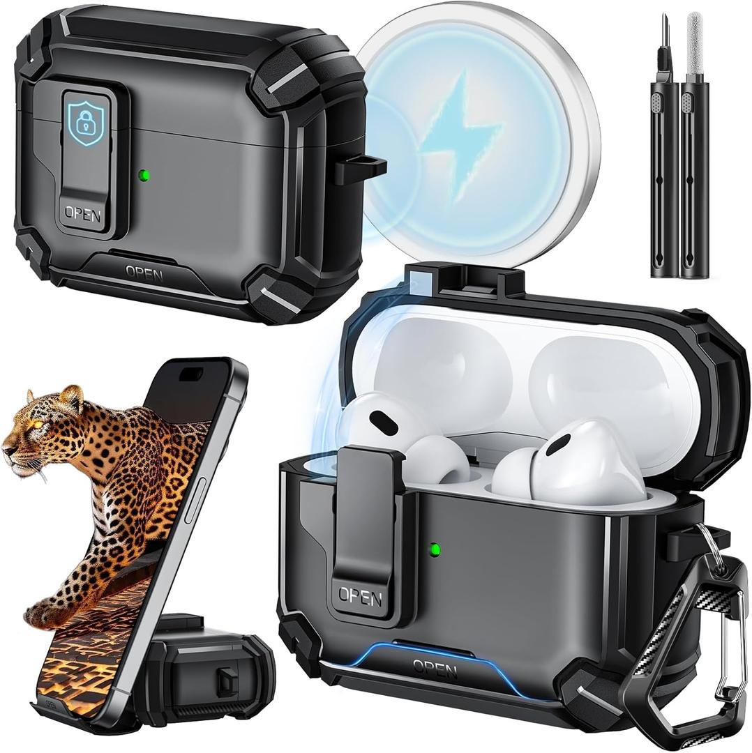 Inesore Compatible with AirPods Pro 2nd/1st Generation Case Cover with Phone Stand & Cleaning Kit,Compatible with Magsafe,Magnetic Automatic Lock for iPod Pro Charging Case(USB-C/Lightning Cable)