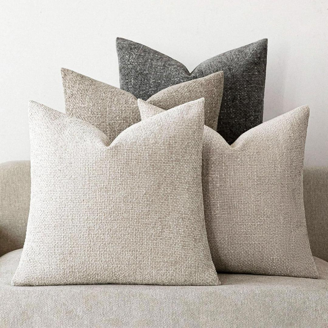 Neutral Throw Pillow Covers 18x18 Inch Set of 4, Beige Grey Series - Textured Chenille for Couch, Bed and Living Room