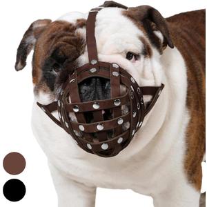 CollarDirect Leather Basket Dog Muzzle for Boxer, English American Bulldog Secure Anti-Barking Biting Chewing Adjustable Breathable (Brown)