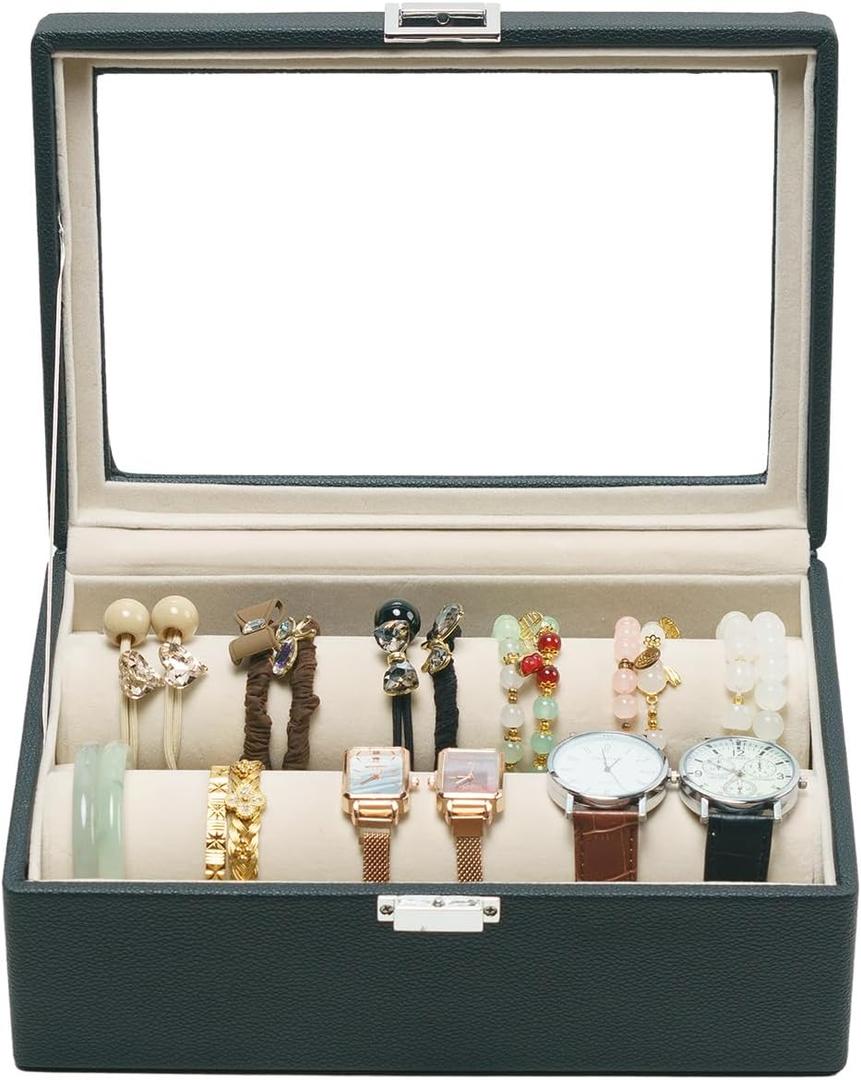 Bracelets Organizer Rods Bangles Display Holder, Clear See through Lid Leather Velvet Jewelry Storage Box Case for Women, 2 Rods Black Leather