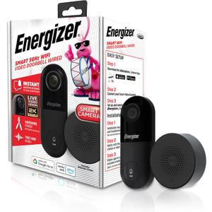 Energizer Smart 2K Doorbell & Chime, Wired Video Doorbell Security Camera, 2-Way Audio, Night Vision, Cloud & Micro SD Storage, Remote Access App, Motion Sensor, Live Viewing, Requires Existing Wires