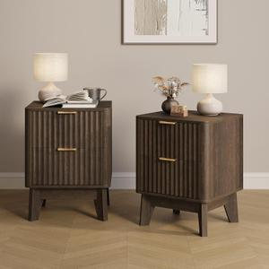 Fluted Nightstand Set of 2, Modern End Table with Metal Handle,2 Storage Drawers Side Table,Bedside Table for Bedroom,Wood Nightstands,Curved Profile Design Furnitue, Walnut