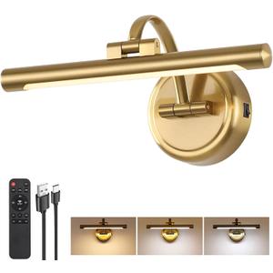 Rechargeable Picture Light for Wall, Dimmable Art Lights for Painting, Battery Operated Wall Sconce with Remote, 3 light Color,Timer & Brightness Setting for Artwork, Gallery(Brass, 12inch)
