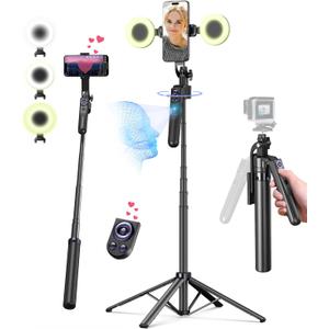 71 Auto Face Tracking Tripod for iPhone with Light,360 Rotating Phone Stand with Rechargeable Remote Control for TikTok Vlog Video Recording, Phone Tripod for Android Camera/GoPro/Ring Light (Black)