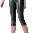 Girls Capri Leggings Stretchy Cropped Tights Metallic Dance Yoga Pants for Kids Teens Running Party (12-13 Years, Shiny Black)