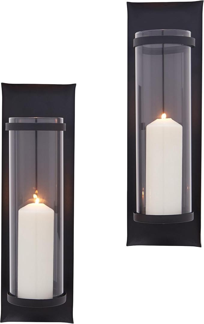 Danya B Metal Pillar Candle Sconces with Glass Inserts - A Wrought Iron Rectangle Wall Accent (Set of 2), Black