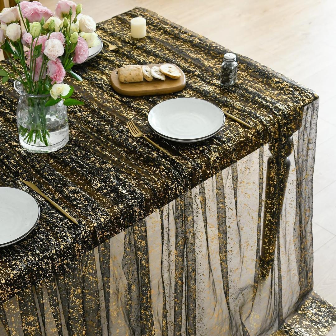 Horaldaily Black Gold Gauze Tablecloth 60x84 Inch Rectangular, Golden Sequin Glitter Metallic Foil, Sheer Tulle Cheesecloth for Wedding Baby Shower Ceremony Birthday