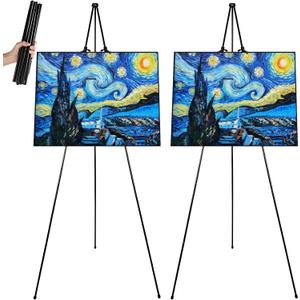 LOEQIAN 2 Pack Easel Stand 63 Inches Foldable Artist Floor Easels for Displaying Pictures, Black Easel Stand for Display Wedding Sign, Art Poster - Adjustable Art Poster Metal Tripod (Portable)