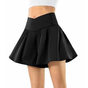 Flowy Athletic Shorts for Women Butterfly Crossover Tennis Shorts 2 in 1 with Pockets Black S