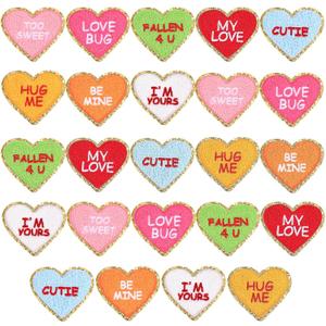 Juexica 24 Pcs Heart Shaped Iron on Patches Glitter Chenille Love Applique Embroidered Appliques Valentine's Day Transfers Sew on Fabric Patch for Clothes Jackets Backpack Hat Decoration (Candy)