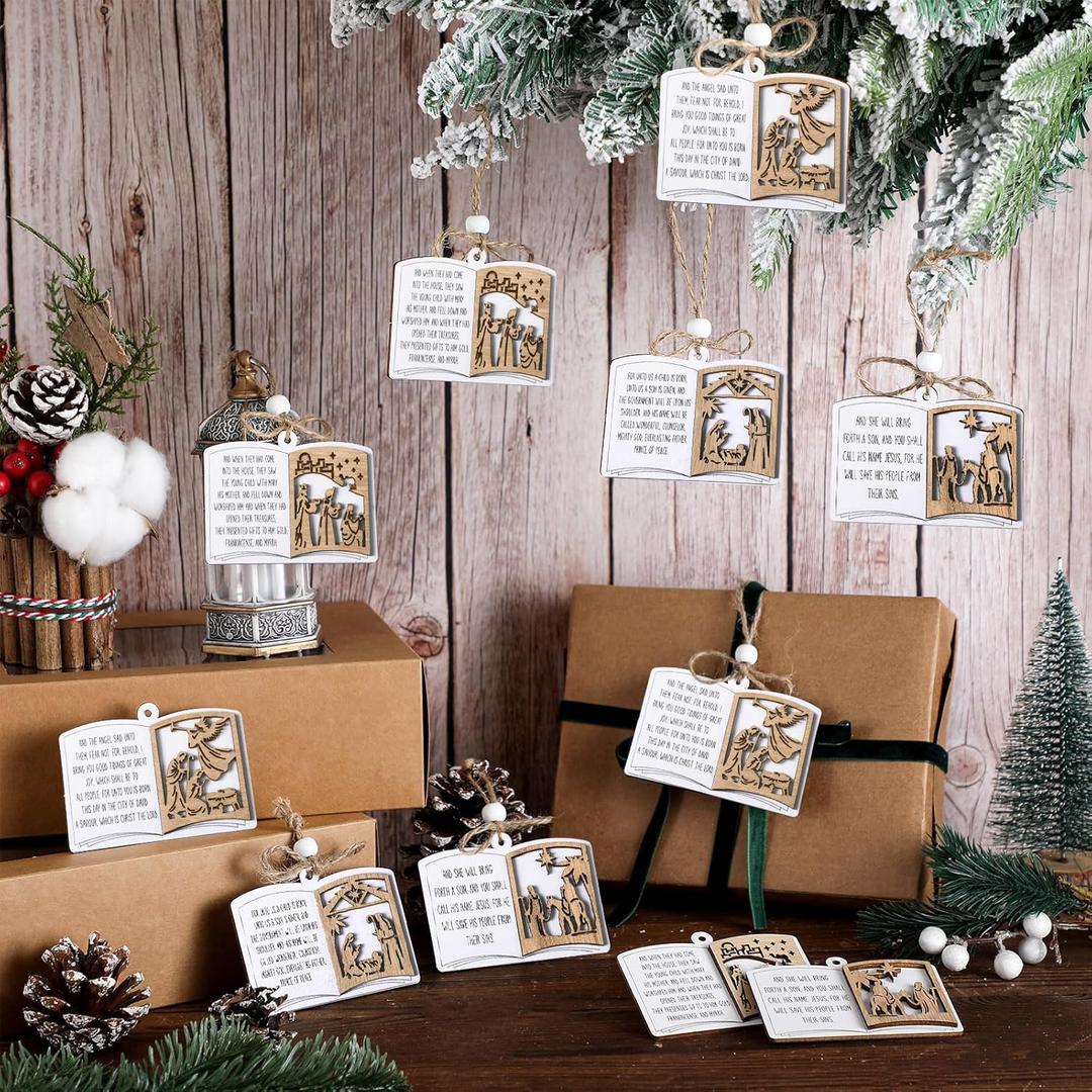 12 Pcs Christmas Nativity Story Ornaments Bulk Wooden Christian Nativity Scene Hanging Ornaments Christian Book Sheets Decor for Christmas Tree Birth of Jesus Religious Gifts for Family