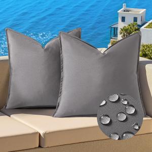 decorUhome Outdoor Waterproof Faux Linen Throw Pillow Covers 18x18 Inch Set of 2 Decorative Natural Farmhouse Pillow Cases with Flange Edges for Summer Couch Garden Patio Balcony Porch, Light Grey