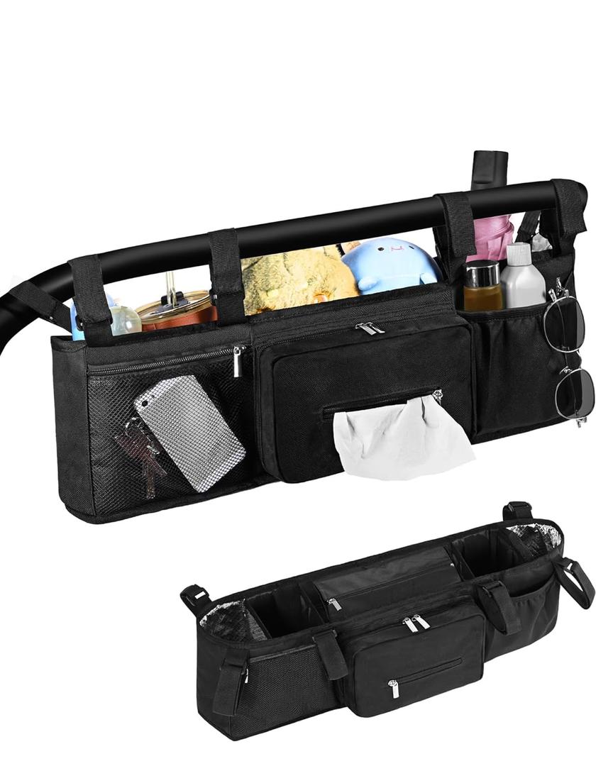 Double Stroller Organizer Compabitle for BOB Duallie and Baby Jogger City Mini GT2 with Cooler Bags, Compabitle for Baby Jogger Parent Console Double Stroller Organizer