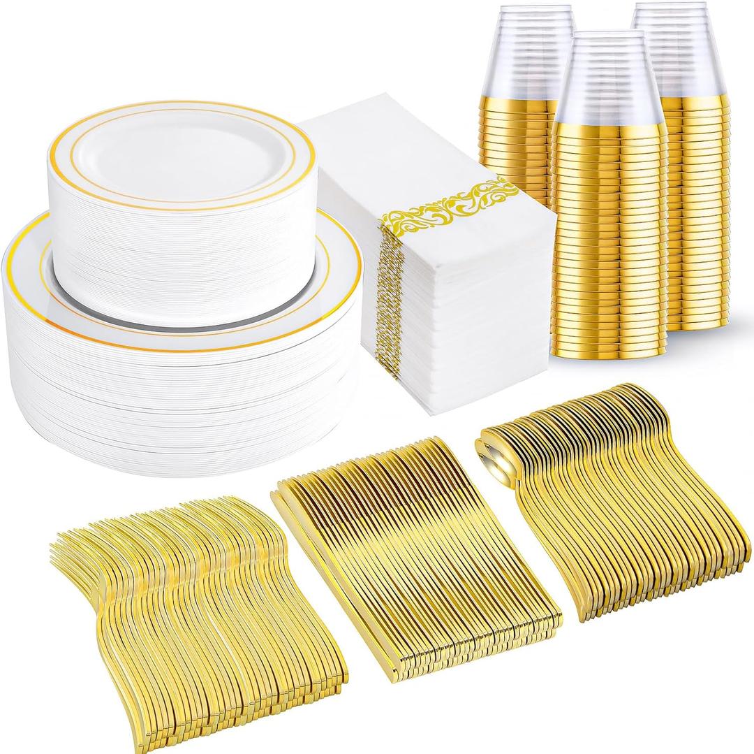 350 Pcs Gold Dinnerware Set, Plastic Plates Disposable for 50 Guests Include:50 Gold Rim Dinner Plates, 50 Gold Dessert Plates, 50 Paper Napkins, 50 Cups, 50 Gold Silverware Set, Perfect for Party