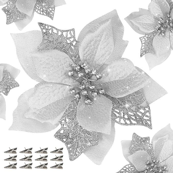 KI Store Dark Green Christmas Poinsettia Flower Set of 6 Large Artificial Velvet Magnolia Flower Picks Stems for Xmas Tree Decorations