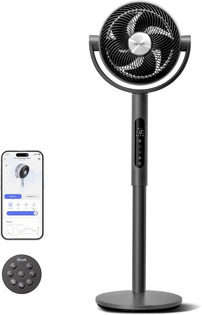 Levoit Standing Smart Fan for Bedroom, 1451CFM Ultra-High Airflow, 12H Timer with WiFi/Voice/Remoter, Auto 120+90 Oscillating, Quite 20dB, 12 Speeds, 4 Modes, DC Motor, 2 in 1 Pedestal & Tabletop