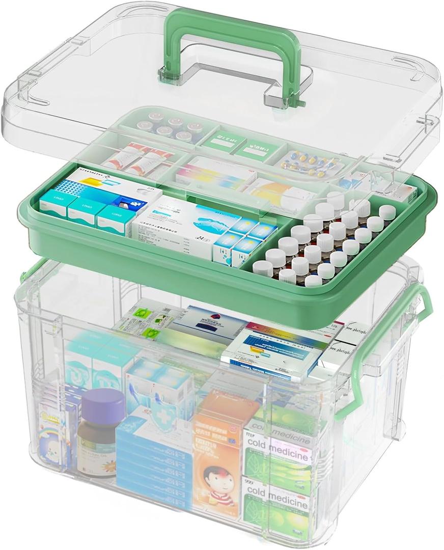 15QT Clear Medicine Organizer Box with Handle, Plastic Medicine Container with Tray First Aid Box Empty, Thickened Medicine Storage Organizer Multipurpose Medication Organizer Storage (Transparent)