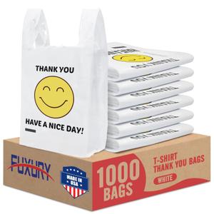 Fuxury 1000 Count Happy Smiling Face Thank You Plastic Bags (11.5 x 6.5 x 21) White, Have a Nice Day T-shirt Bags for Business, Grocery, Take Out, To Go, Retail Shopping in Bulk (Made in USA)