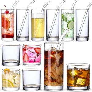 [ 12 Pack ] Glass Cups with Glass Straws, 12oz Highball & Rock Drinking Glasses, Everyday Drinkware Glasses Set, Cute Tumbler Cup, Kitchen Glasses for Iced Coffee, Water, Beer, Cocktail, Whiskey Gift
