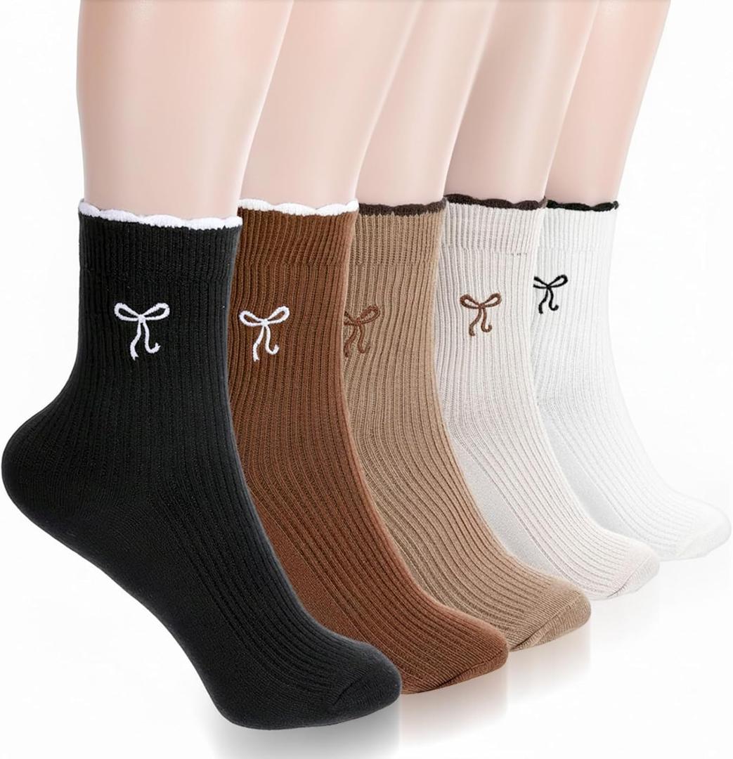 Tucnoeu 5 Pairs Womens Ruffle Socks, Embroidery Bow Casual Socks, Fashion Cotton Ruffle Ankle Socksm, Cute Knit Lettuce Trim Dress Socks