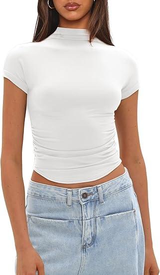 Womens Basic T Shirts Summer Outfits Crew Neck Short Sleeve Back Cut Out Crop Tops Slim Fit Tees Y2k Clothing, Size: M