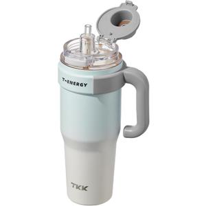 TKK 40 oz Tumblers with Handle and Straw, Ceramic Coating Insulated Bottle 100% Leakproof Travel Mug for Water, Iced Tea or Coffee, Smoothie, Cup Holder Friendly Base, BlueWhite