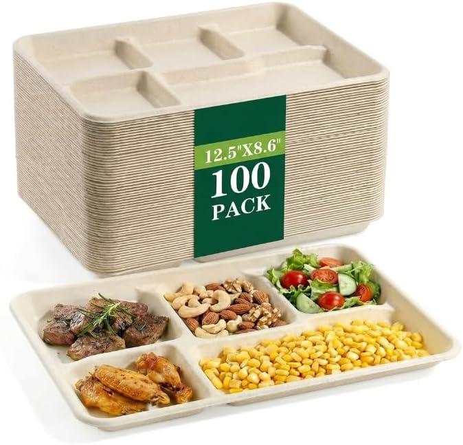SUT SUT100% Compostable 5 Compartment Plates, 100 Pack Disposable Paper Plates 12.58.6 Inch, PFAS Free & BPA Safe Biodegradable Party Platters for Daily Meals, Events & Catering