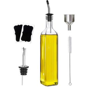 Leaflai Olive Oil Dispenser Bottle, 1 Pc Transparent Glass Olive Oil Dispenser and Vinegar Dispenser Set with 2 Stainless Steel Pourers, 4 Labels,1 Brush and 1 Funnel Oil Bottles for Kitchen (500ml)
