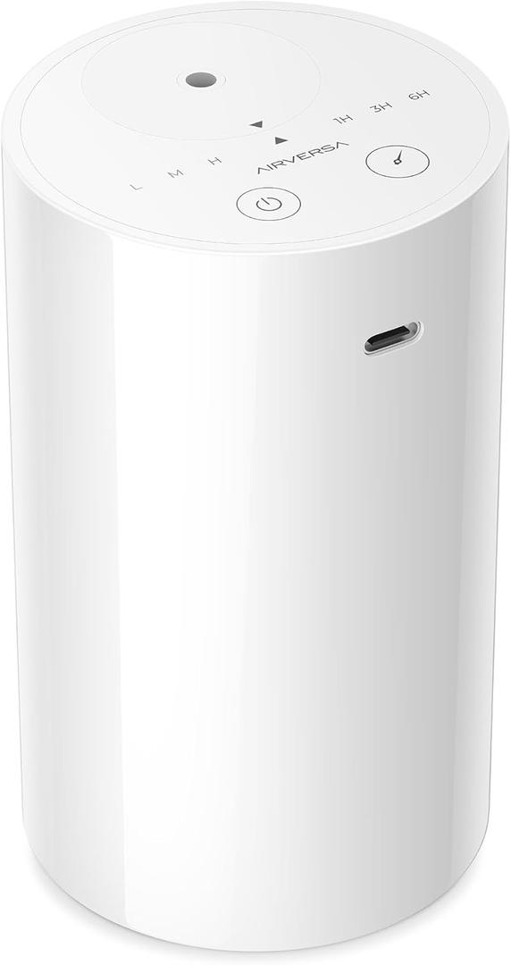 Airversa Waterless Diffuser for Essential Oil, Battery Operated Nebulizer, 0.7 Fl.Oz./ 20mL Capacity, Mini Scent Air Machine, 3 Countdown Timers & 3 Mist Levels for Home Room Car Office - AN8 White