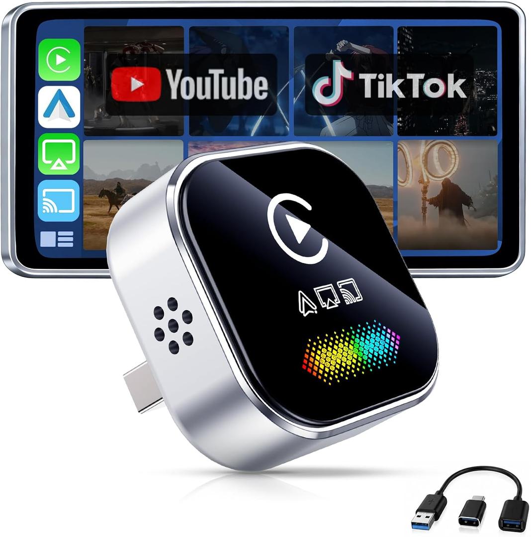Wireless CarPlay Adapter for iPhone 2026 4-in-1 Dongle with AirPlay & Screen Mirroring, Low Latency, 5-Second Auto Connect for Wired Cars, Includes USB A/CSilvery