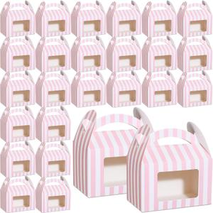 Mooliwe 50 Pcs 4 x 2.5 x 2.5 Inch Pink and White Striped Gable Boxes for Party Favors Bulk Party Favors Pink Small Paper Treat Goodie Box with Clear Window Handle for Baby Shower Birthday Wedding