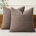 MIULEE Decorative Linen Check Throw Pillow Covers Neutral Farmhouse Vintage Pillow Covers 18x18 Set of 2 Boho Modern Winter Home Decor for Sofa Couch Bedroom Cushion Taupe