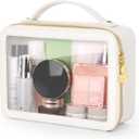 Soimeat Clear Makeup Bag, Portable Travel Cosmetic Bags, Multipurpose Leather Toiletry Bag with Zipper, Waterproof Transparent Cosmetic Organizer for Women, Large, Beige (EXP 07/31/36)