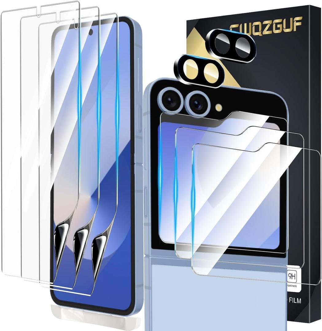 [3 + 3 + 2 Pack] Screen Protector Compatible with Galaxy Z Flip 6 5G, 3 Inner TPU Screen Protectors + 3 External Tempered Film + 2 Camera Lens Glass, Easy Install with Alignment Tool
