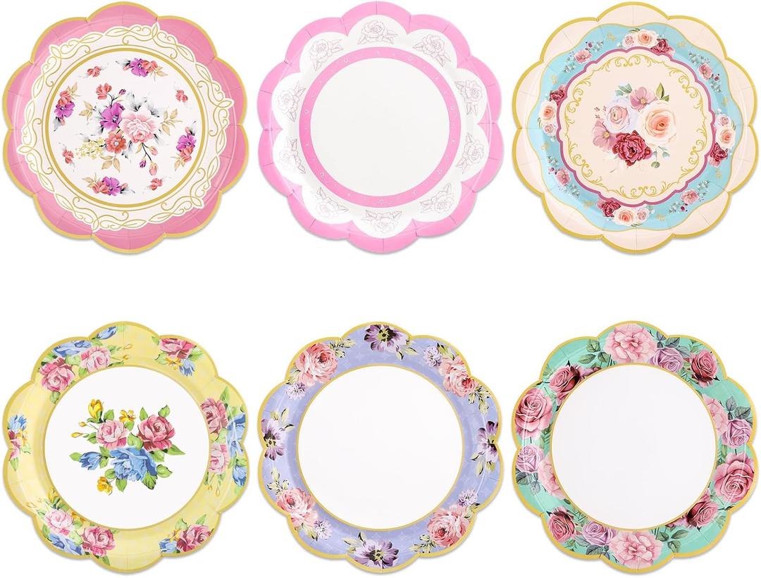 NatNarr 48 Pcs Floral Tea Party Paper Plates, 9 inch Disposable Vintage Paper Plates Garden Party Decoration for Birthday Baby Shower Bridal Wedding