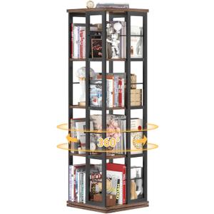 Aheaplus Rotating Bookshelf, 360 Display Wood Spinning Bookshelf, Floor Standing Bookcase Narrow Shelf Revolving Organizer Storage Rack for Small Space, Bedroom, Study Room (Rustic Brown)