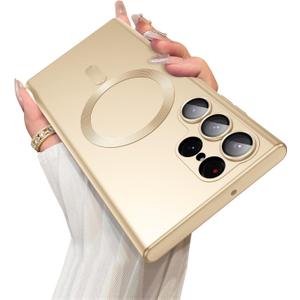 Magnetic for Samsung Galaxy S22 Ultra Case [Compatible with MagSafe][Built-in Camera Lens Protector] Slim Soft Silicone Bumper Shockproof Metallic Luster Phone Case (Gold)