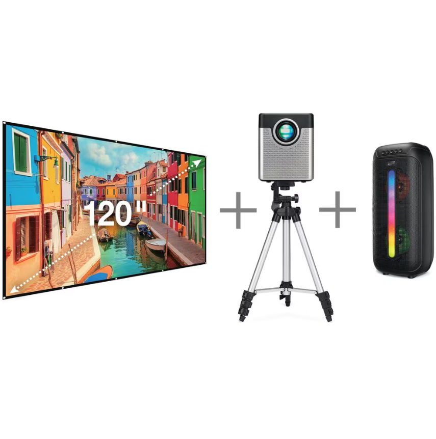 iLive Cinema Pop Up Movie Kit, Projector, Projection Screen, Bluetooth Speaker, Tripod Bundle