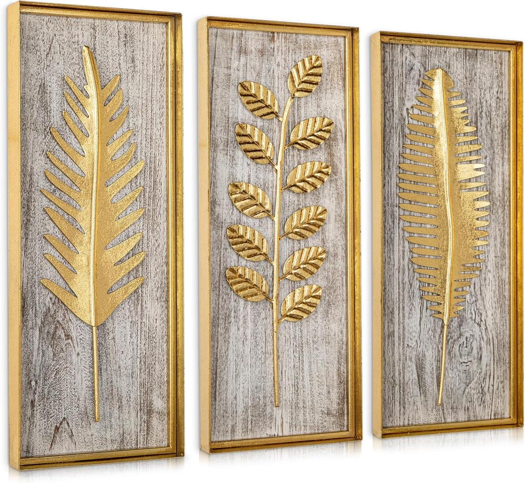 Villa Como Gold Metal Wall Art with Wooden Base, Metal Frame Gold Wall Decor with Botanical Leaves, Farmhouse Golden Wall Decor for Home Office Bedroom Bathroom, Golden Hanging Wall Accent Dcor 3Pcs