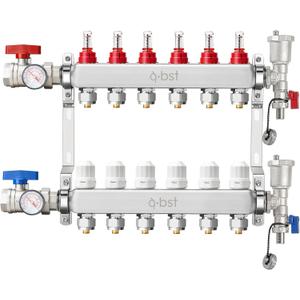 ABST PEX Manifold,6 Loop Stainless Steel Floor Radiant Heat Manifold Kit with 1/2" Adapters Included for Hydronic Radiant Floor Heating