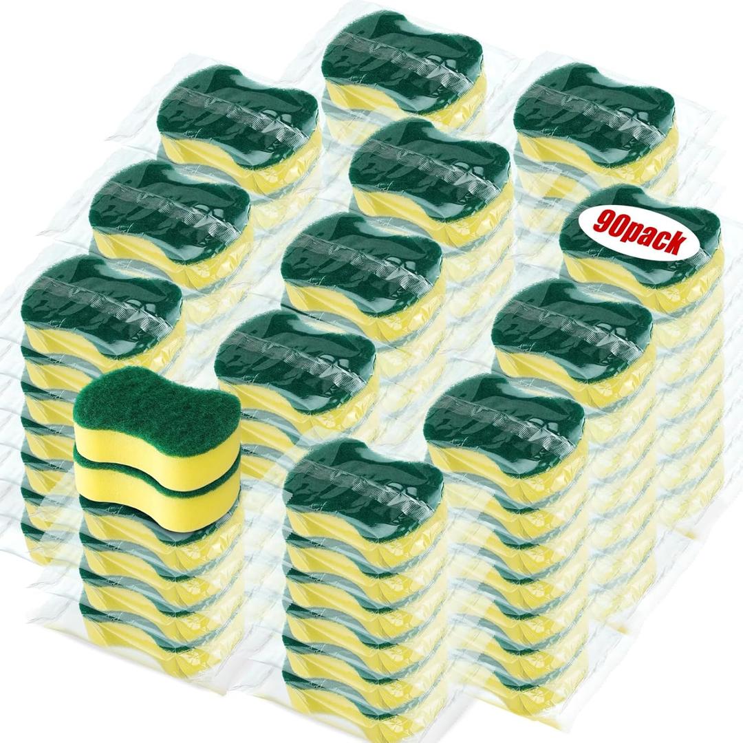 Tanlade 90 Pcs Individually Wrapped Sponges Kitchen Bulk Non Scratch Scouring Sponges for Dishes Household Cleaning Travel Apartments Hotel Car (Yellow Green)