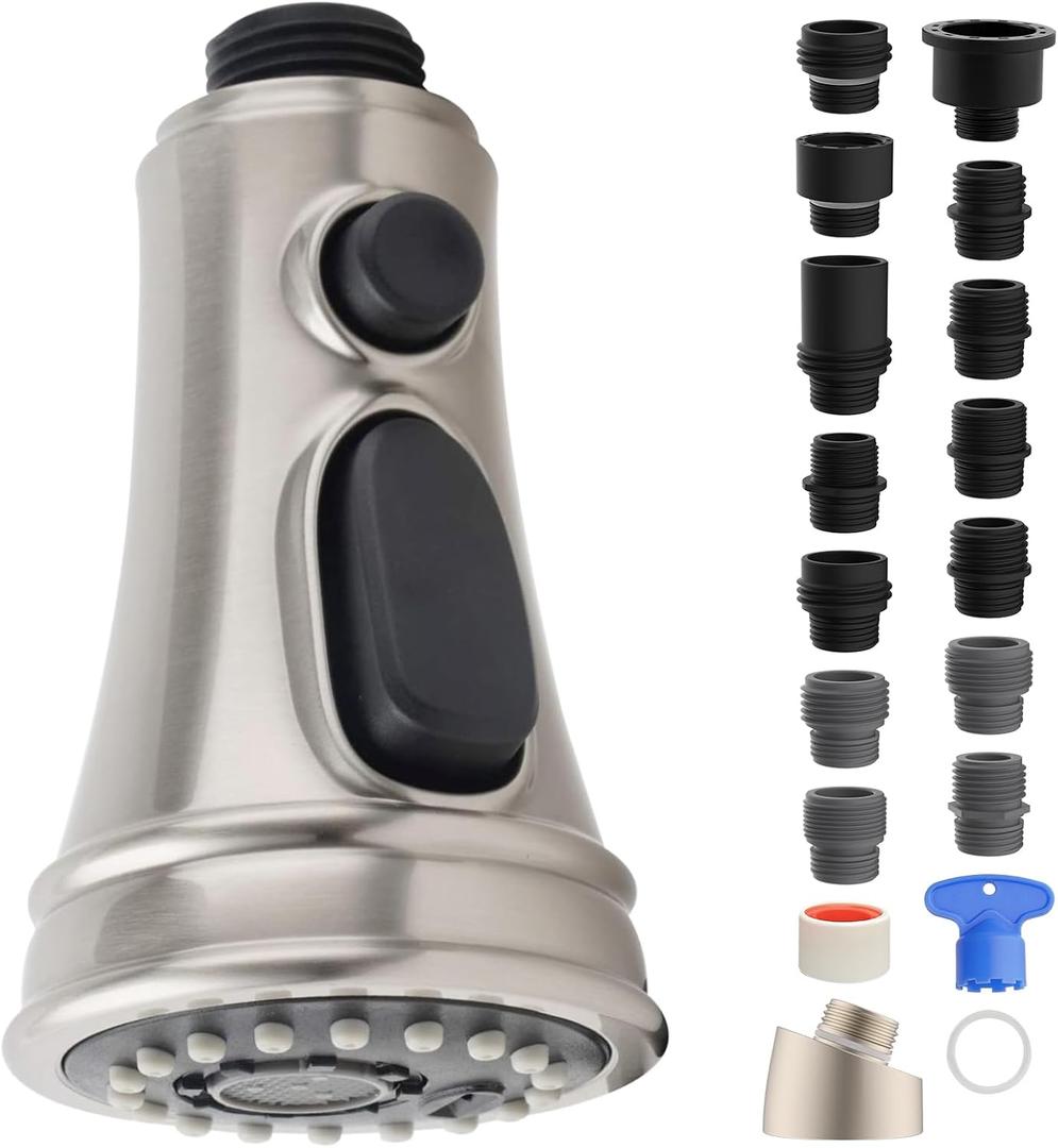 Universal Kitchen Faucet Replacement Head with 15 Adapters, Pull Down Spray Head 3 Modes Kitchen Faucet Sprayer Head Replacement Compatible with Moen, Delta, Kohler, AquaSource, Brushed Nickel