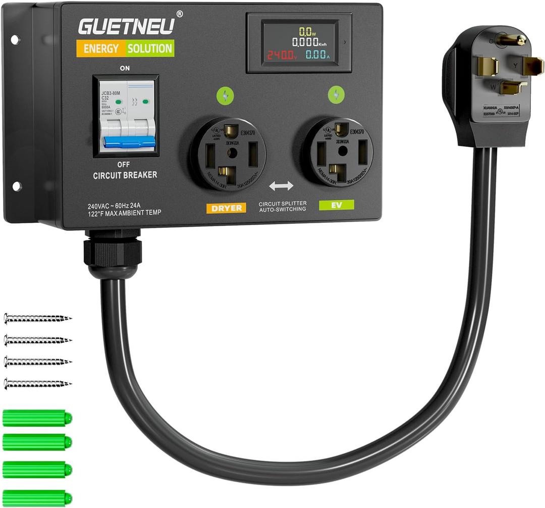 GUETNEU NEMA 14-30 (4 Prong) Dryer Splitter with Breaker - 240V Dryer Splitter for EV, Fast Charge for 2 EVs, Prioritizing Left-Side Power Supply