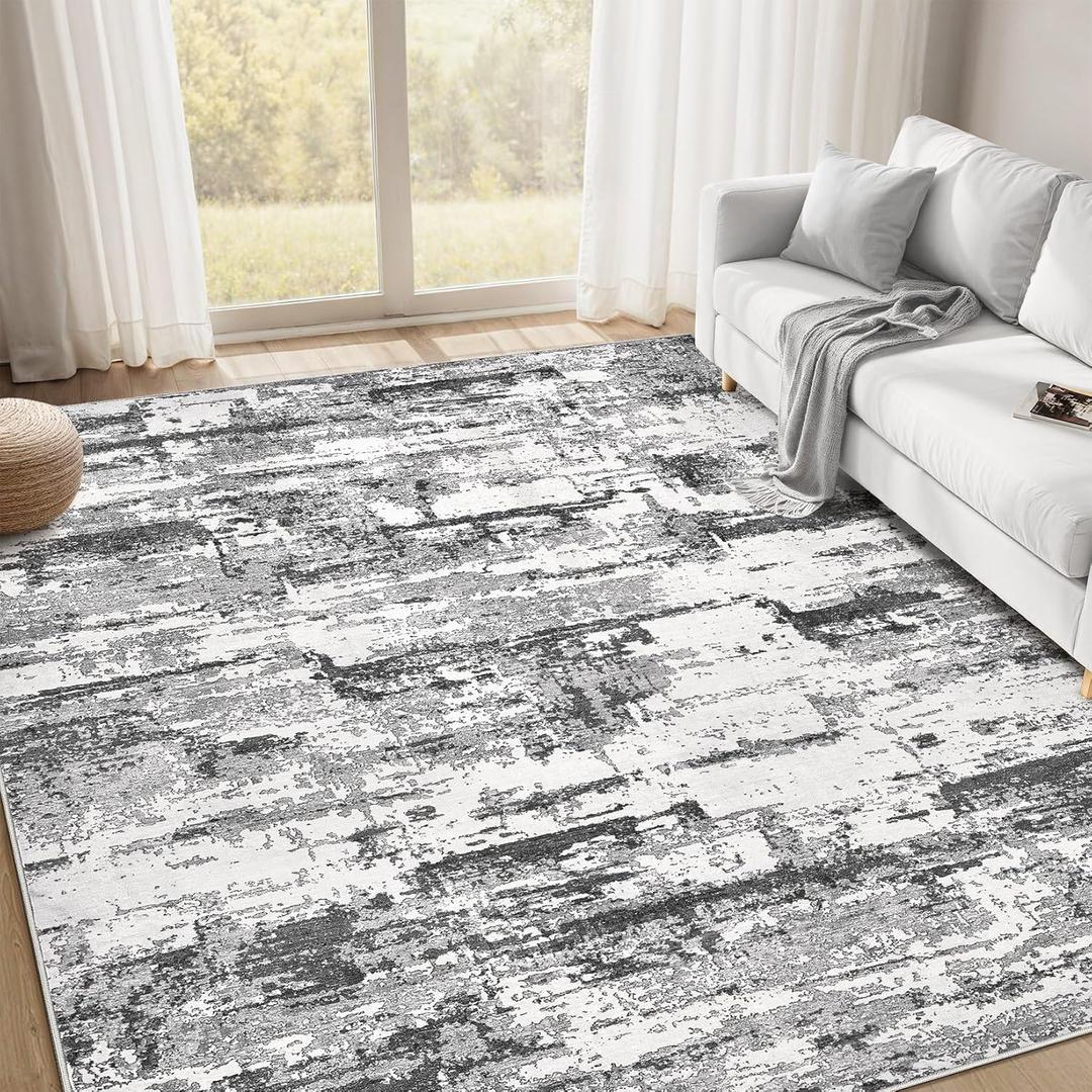 Area Rugs for Living Room: 6x9 Abstract Washable Rug Modern Neutral Large Soft Stain Resistant Non-Slip Backing Machine Table for Bedroom Dining Room Indoor Home Office Carpet - Black Grey
