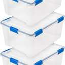 IRIS USA WeatherPro 60 Qt Storage Bins with Lids, 3 Pack, BPA-Free Plastic Gasket Box with Tight Latch and Seal, Stackable Nestable Tote Tub - Clear/Blue
