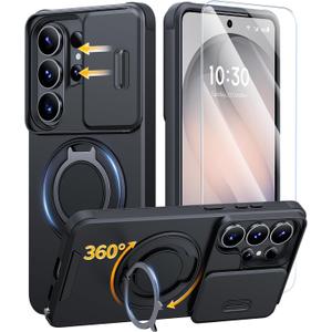 JAME for Samsung Galaxy S26 Ultra Case, Ring Holder Stand Kickstand, Slide Camera Cover with Screen Protector, Dual-Layer Shockproof Protective Magnetic Accessory Friendly S26 Ultra Phone Case, Black